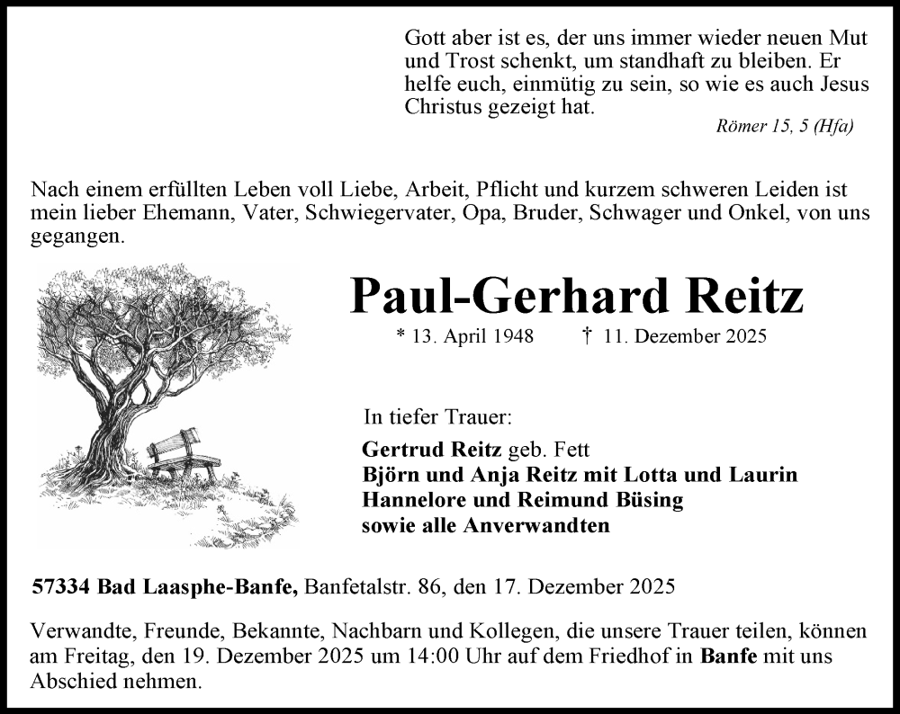  Traueranzeige für Paul-Gerhard Reitz vom 17.12.2025 aus Hinterländer Anzeiger