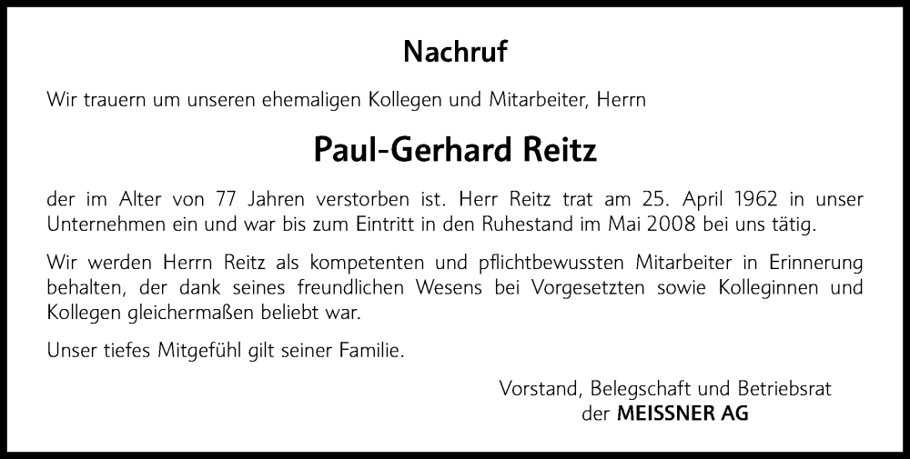  Traueranzeige für Paul-Gerhard Reitz vom 20.12.2025 aus Hinterländer Anzeiger
