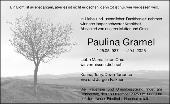 Traueranzeige von Paulina Gramel von Hochheimer Zeitung