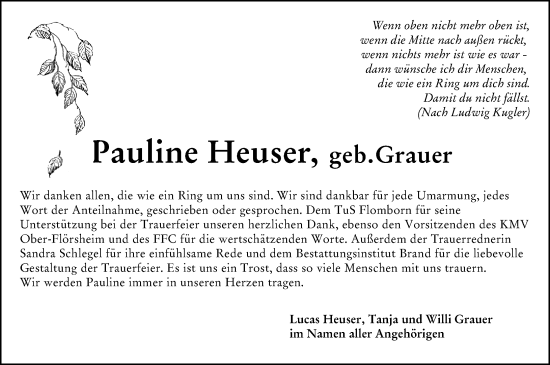 Traueranzeige von Pauline Heuser von Allgemeine Zeitung Alzey
