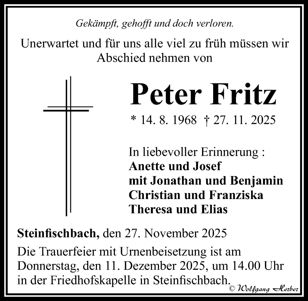  Traueranzeige für Peter Fritz vom 04.12.2025 aus Camberger Anzeiger
