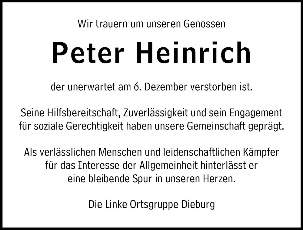  Traueranzeige für Peter Heinrich vom 18.12.2025 aus Dieburger Anzeiger/Groß-Zimmerner Lokal-Anzeiger