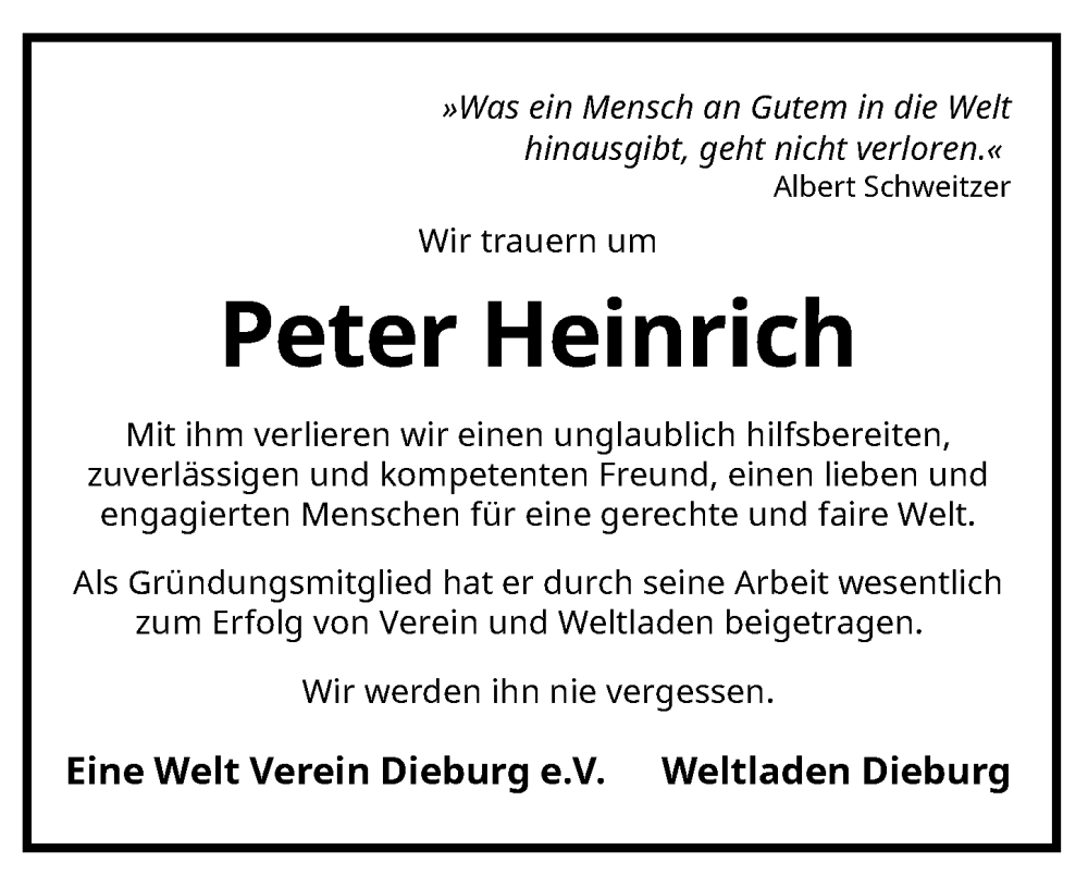  Traueranzeige für Peter Heinrich vom 13.12.2025 aus Dieburger Anzeiger/Groß-Zimmerner Lokal-Anzeiger