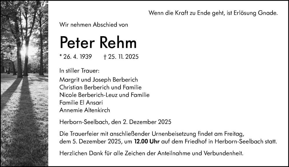  Traueranzeige für Peter Rehm vom 02.12.2025 aus Dill Block