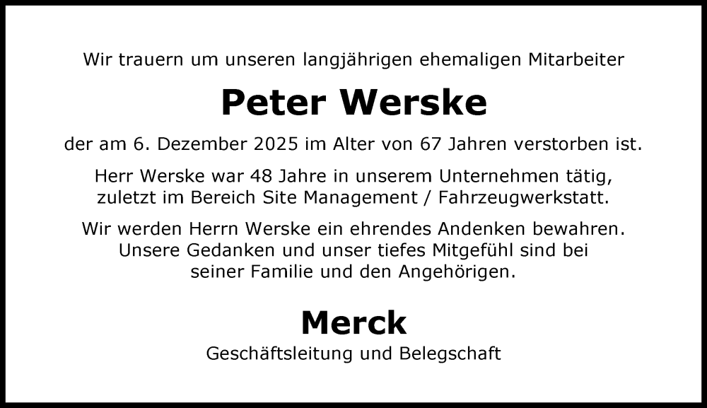  Traueranzeige für Peter Werske vom 27.12.2025 aus Darmstädter Echo