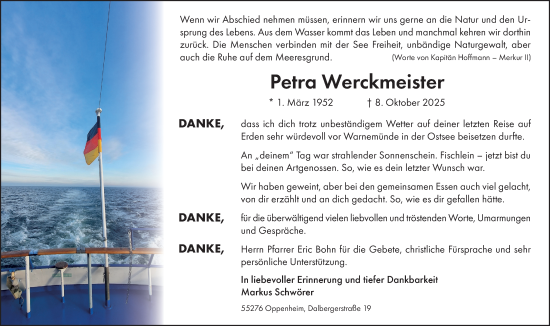 Traueranzeige von Petra Werckmeister von Allgemeine Zeitung Mainz