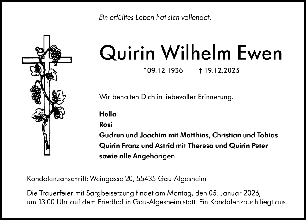  Traueranzeige für Quirin Wilhelm Ewen vom 27.12.2025 aus Allgemeine Zeitung Rheinhessen-Nahe
