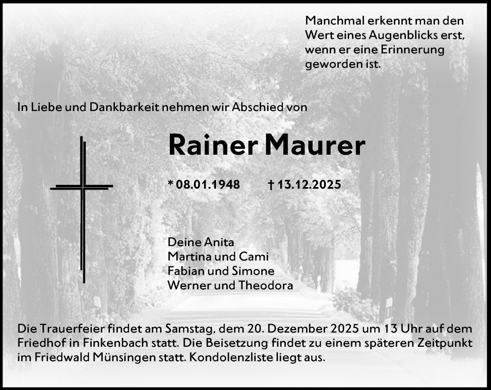  Traueranzeige für Rainer Maurer vom 18.12.2025 aus Odenwälder Echo