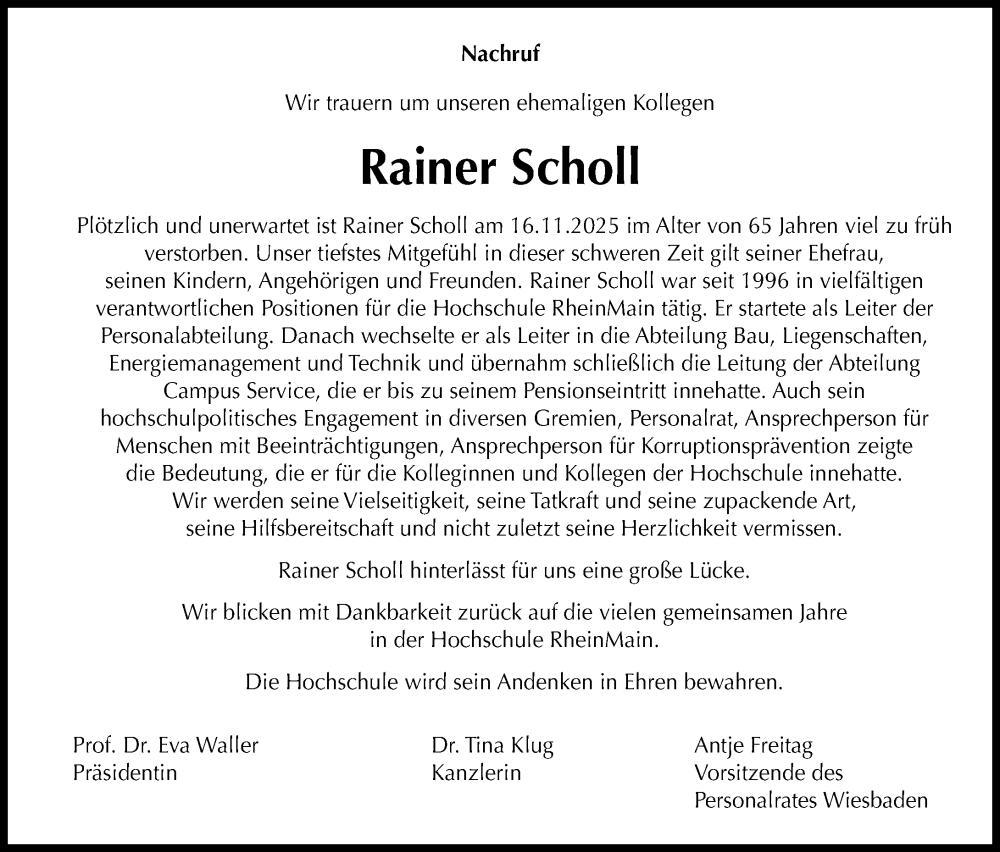  Traueranzeige für Rainer Scholl vom 06.12.2025 aus Wiesbadener Kurier