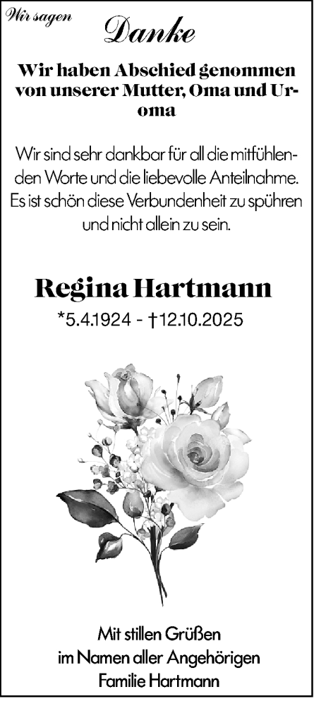  Traueranzeige für Regina Hartmann vom 06.12.2025 aus Odenwälder Echo