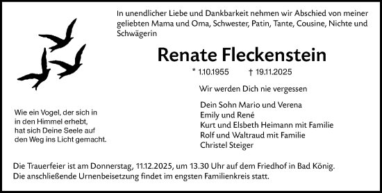 Traueranzeige von Renate Fleckenstein von Odenwälder Echo