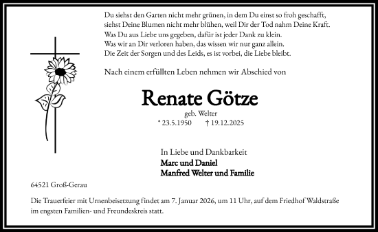 Traueranzeige von Renate Götze von Groß-Gerauer Echo