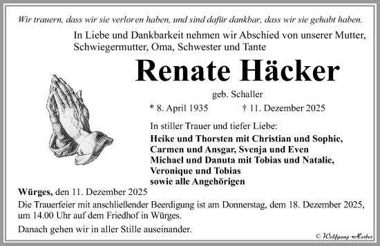 Traueranzeige von Renate Häcker von Nassauische Neue Presse