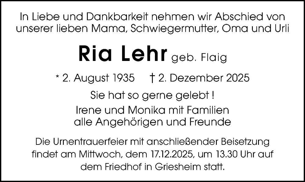  Traueranzeige für Ria Lehr vom 13.12.2025 aus Darmstädter Echo
