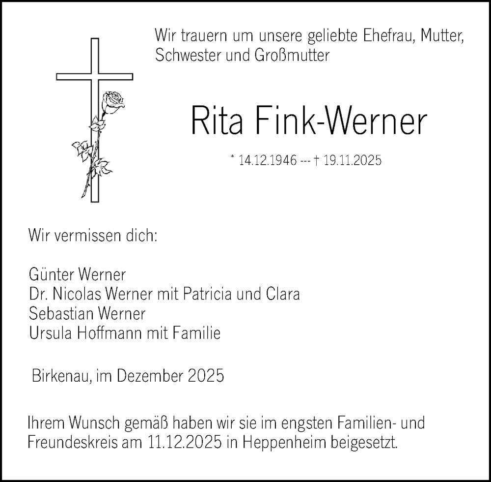  Traueranzeige für Rita Fink-Werner vom 13.12.2025 aus Darmstädter Echo
