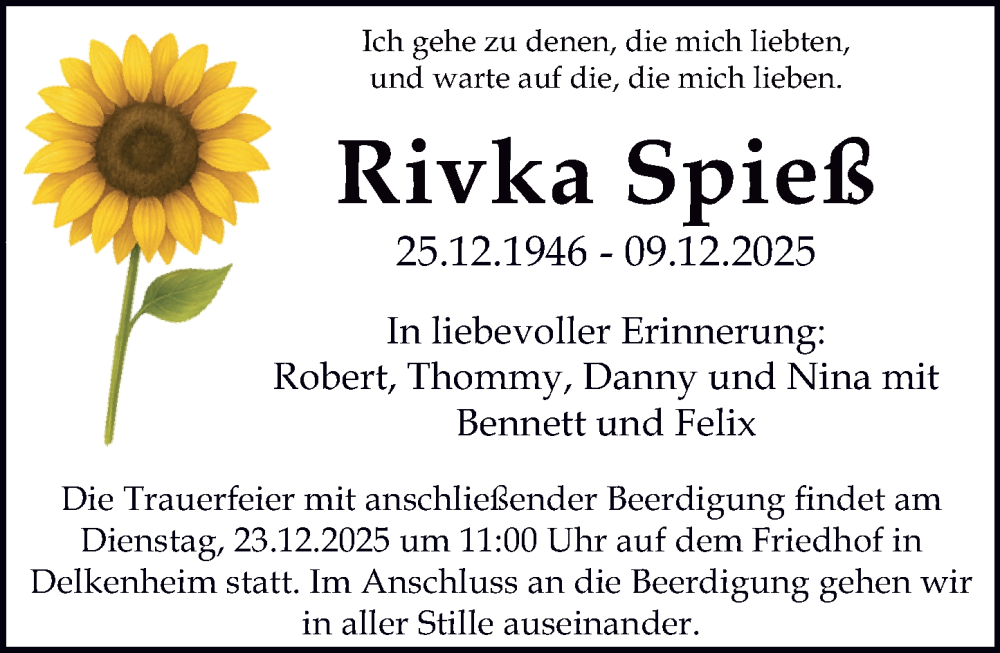  Traueranzeige für Rivka Spieß vom 20.12.2025 aus Wiesbadener Kurier
