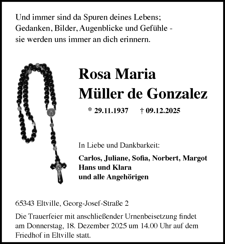  Traueranzeige für Rosa Maria Müller de Gonzalez vom 13.12.2025 aus Rheingau Kurier