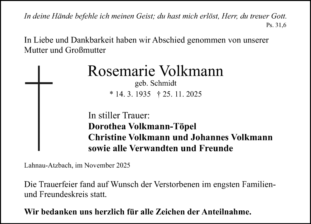  Traueranzeige für Rosemarie Volkmann vom 01.12.2025 aus Wetzlarer Neue Zeitung