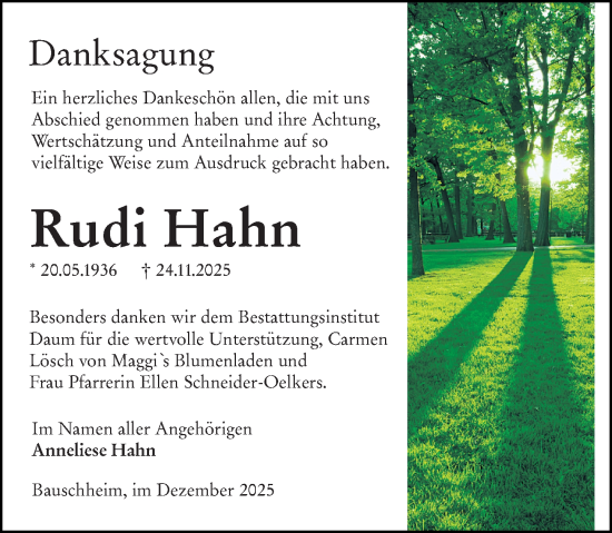 Traueranzeige von Rudi Hahn von Rüsselsheimer Echo