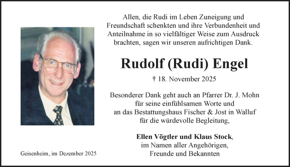  Traueranzeige für Rudolf Engel vom 13.12.2025 aus Wiesbadener Kurier