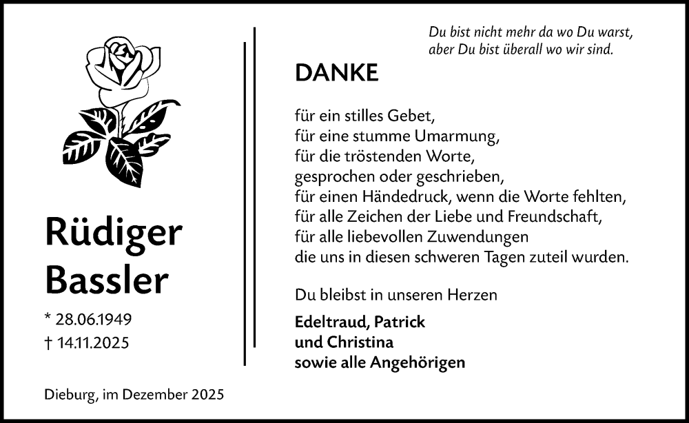 Traueranzeige für Rüdiger Bassler vom 13.12.2025 aus Dieburger Anzeiger/Groß-Zimmerner Lokal-Anzeiger