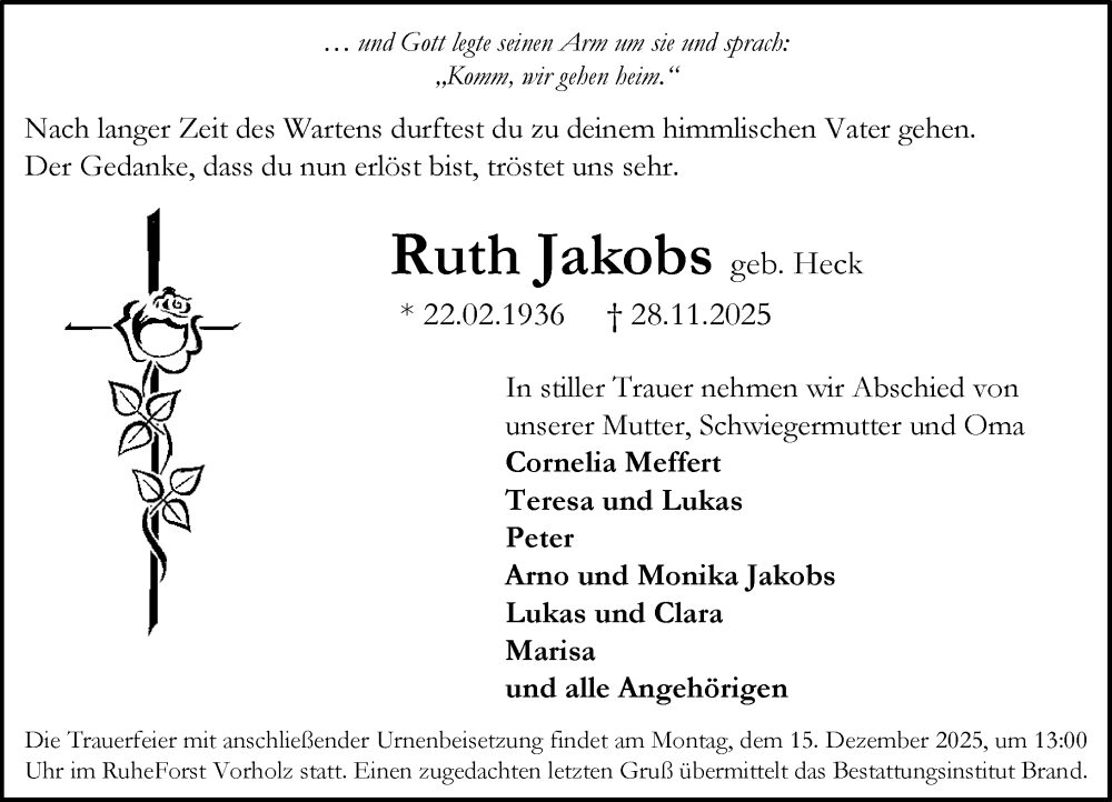  Traueranzeige für Ruth Jakobs vom 06.12.2025 aus Allgemeine Zeitung Alzey