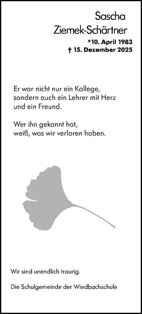  Traueranzeige für Sascha Ziemek-Schärtner vom 23.12.2025 aus Idsteiner Land/Untertaunus