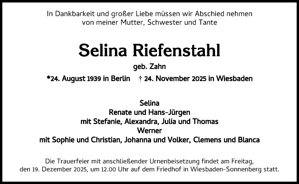  Traueranzeige für Selina Riefenstahl vom 06.12.2025 aus Wiesbadener Kurier