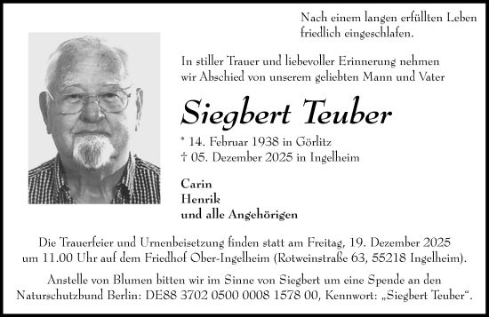 Traueranzeige von Siegbert Teuber von Allgemeine Zeitung Rheinhessen-Nahe