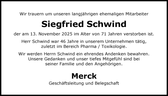 Traueranzeige von Siegfried Schwind von Darmstädter Echo