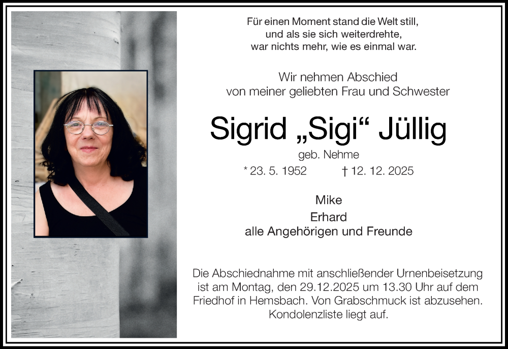  Traueranzeige für Sigrid Jüllig vom 20.12.2025 aus Starkenburger Echo