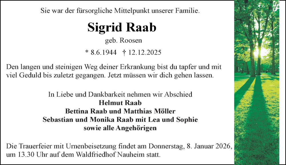  Traueranzeige für Sigrid Raab vom 27.12.2025 aus Rüsselsheimer Echo