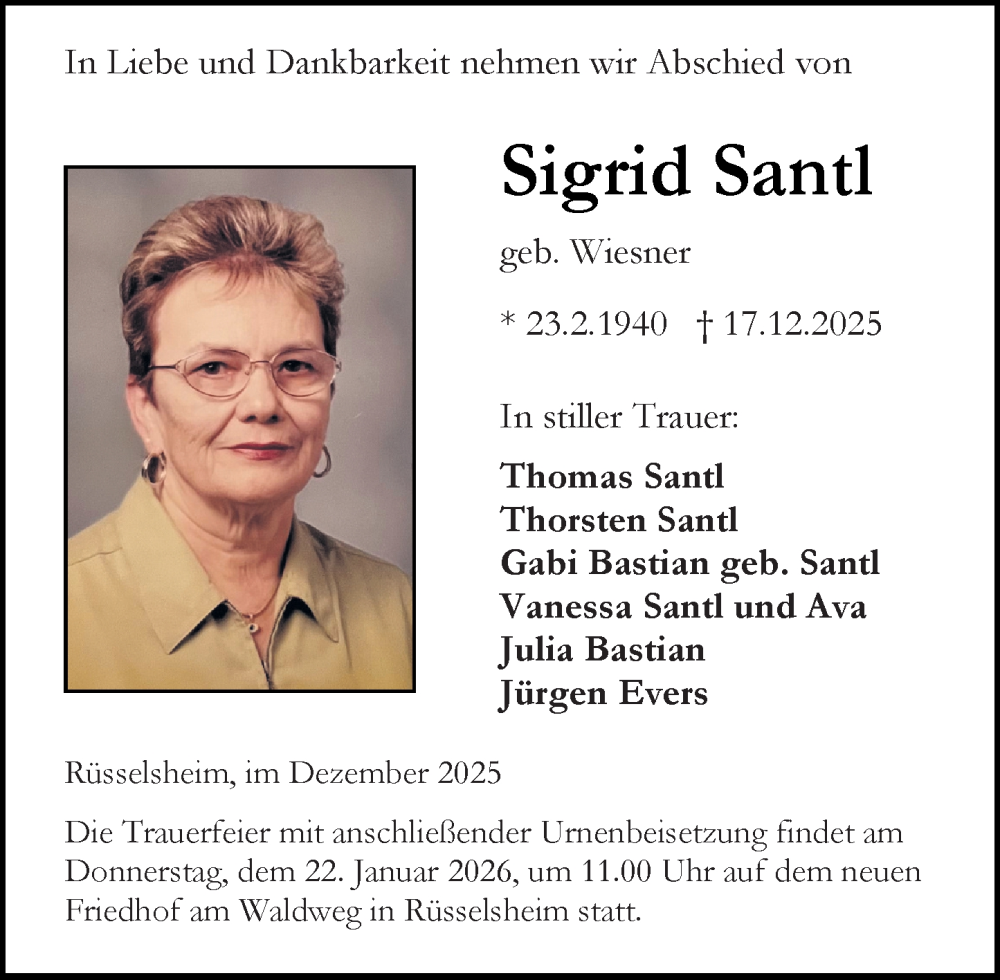  Traueranzeige für Sigrid Santl vom 27.12.2025 aus Rüsselsheimer Echo
