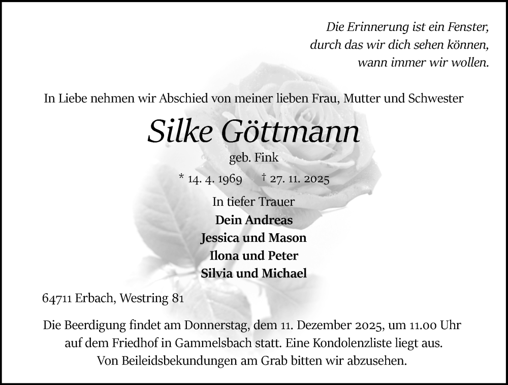  Traueranzeige für Silke Göttmann vom 06.12.2025 aus Odenwälder Echo