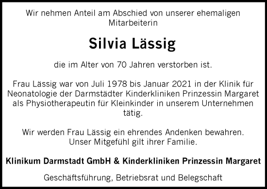 Traueranzeige von Silvia Lässig von Darmstädter Echo
