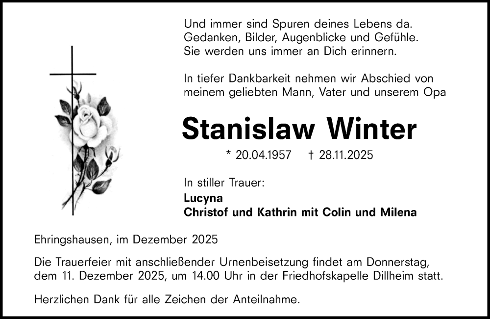  Traueranzeige für Stanislaw Winter vom 06.12.2025 aus Wetzlarer Neue Zeitung