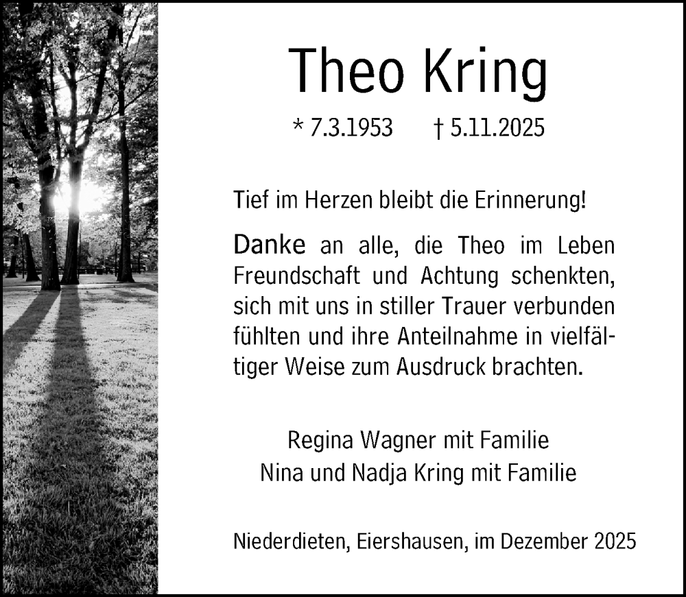  Traueranzeige für Theo Kring vom 13.12.2025 aus Hinterländer Anzeiger