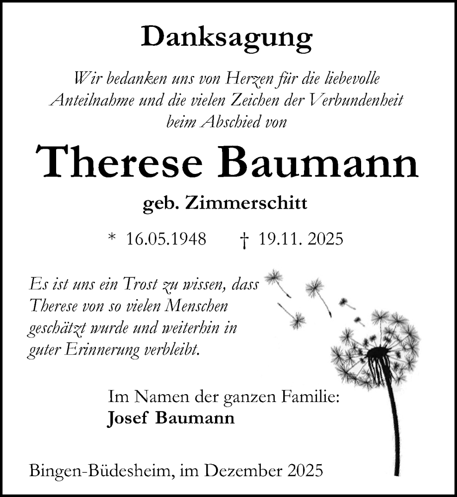  Traueranzeige für Therese Baumann vom 27.12.2025 aus Allgemeine Zeitung Rheinhessen-Nahe
