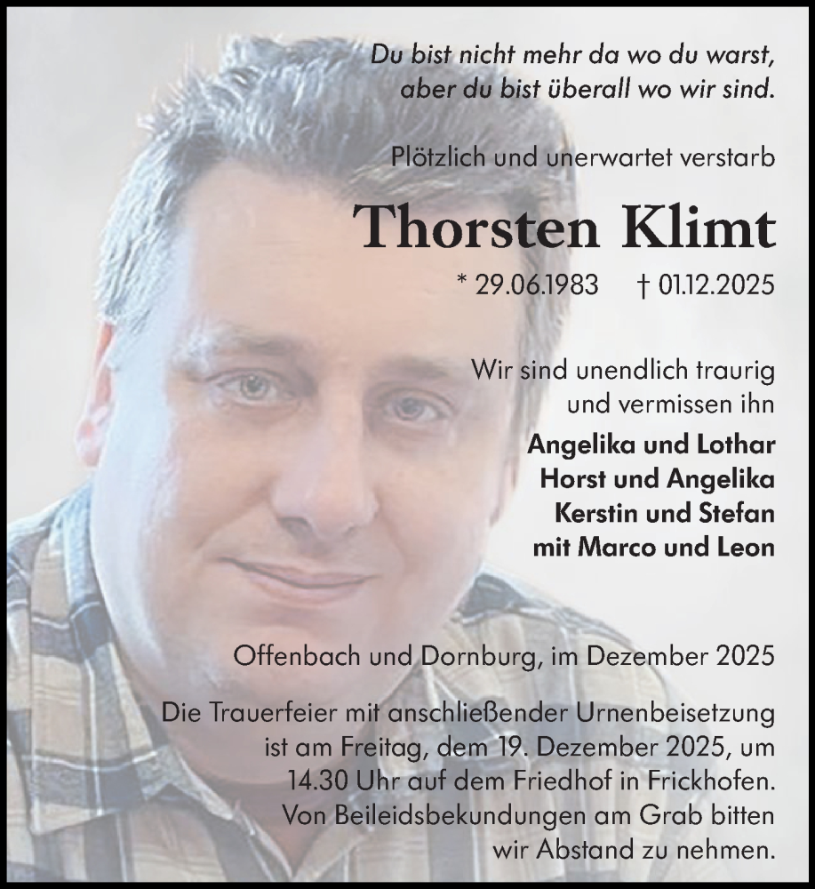  Traueranzeige für Thorsten Klimt vom 13.12.2025 aus Nassauische Neue Presse