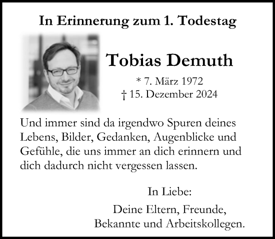 Traueranzeige von Tobias Demuth von Allgemeine Zeitung Mainz