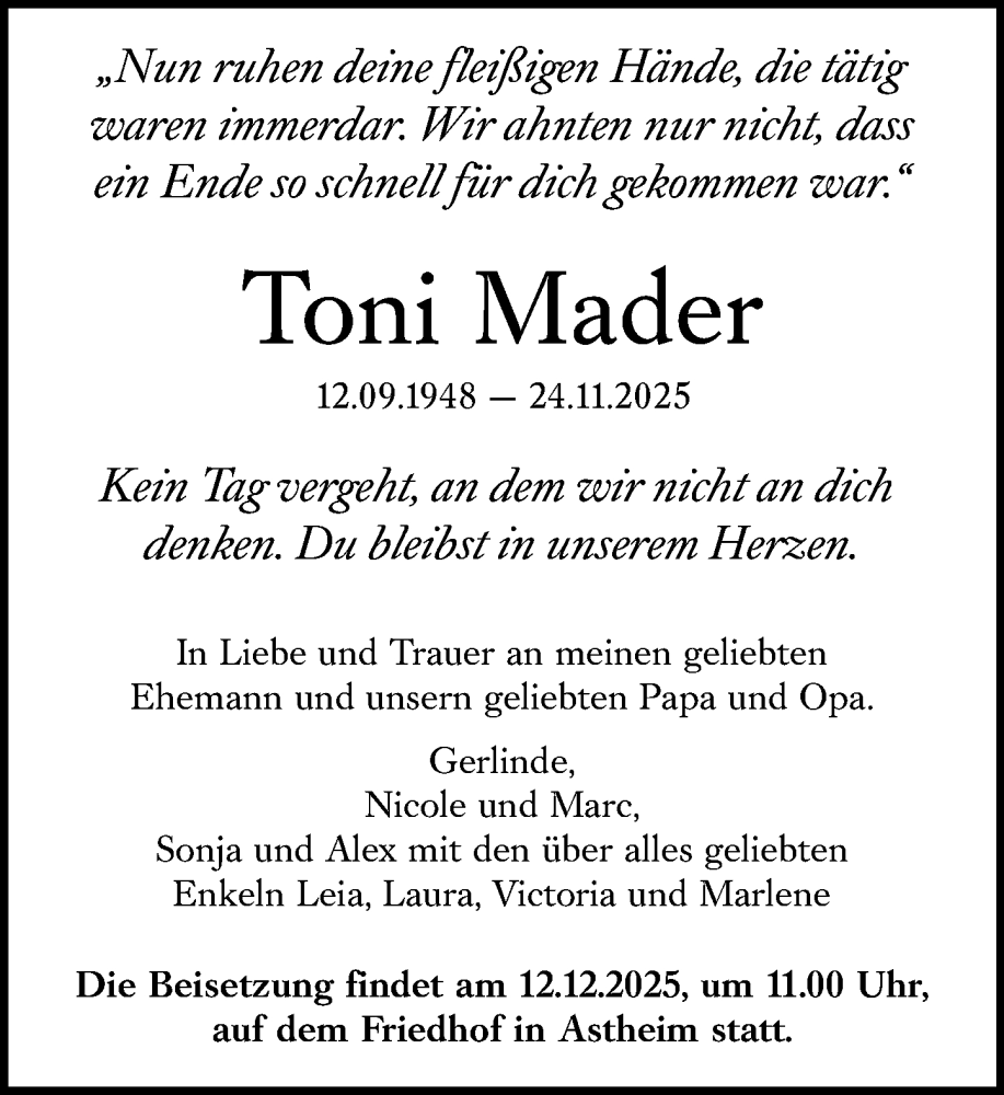  Traueranzeige für Toni Mader vom 08.12.2025 aus Rüsselsheimer Echo
