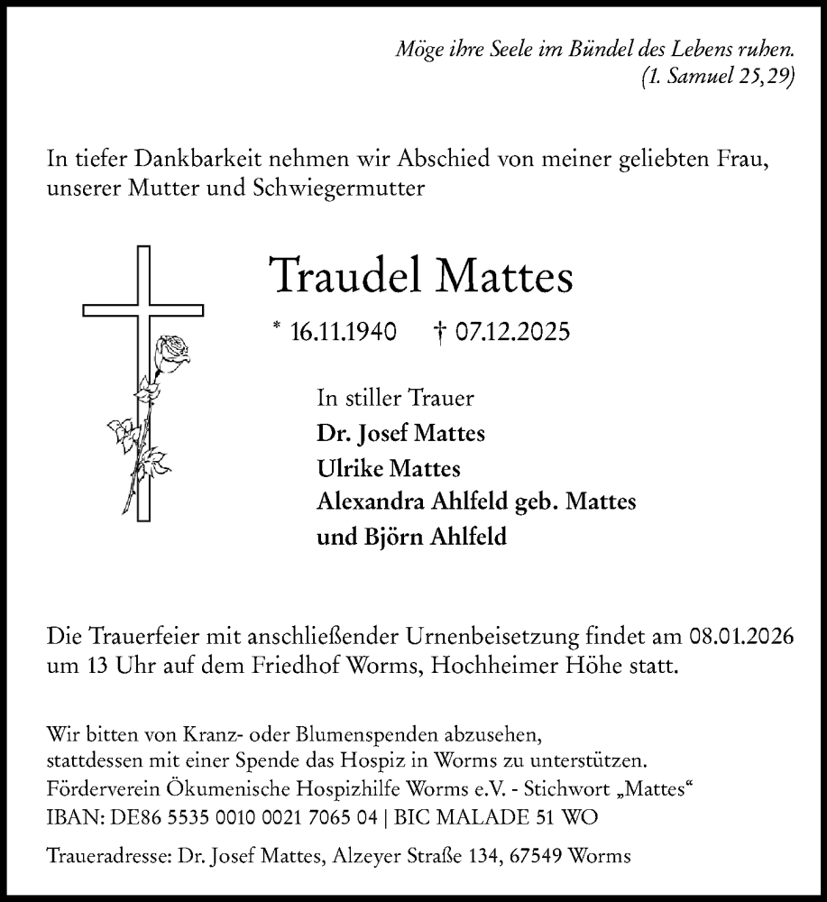  Traueranzeige für Traudel Mattes vom 20.12.2025 aus Wormser Zeitung