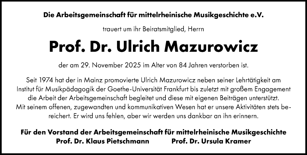  Traueranzeige für Ulrich Mazurowicz vom 10.12.2025 aus Allgemeine Zeitung Mainz