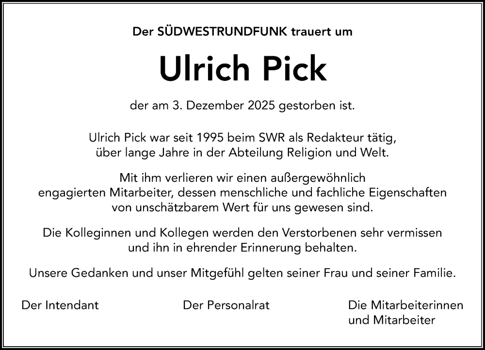  Traueranzeige für Ulrich Pick vom 20.12.2025 aus Allgemeine Zeitung Mainz