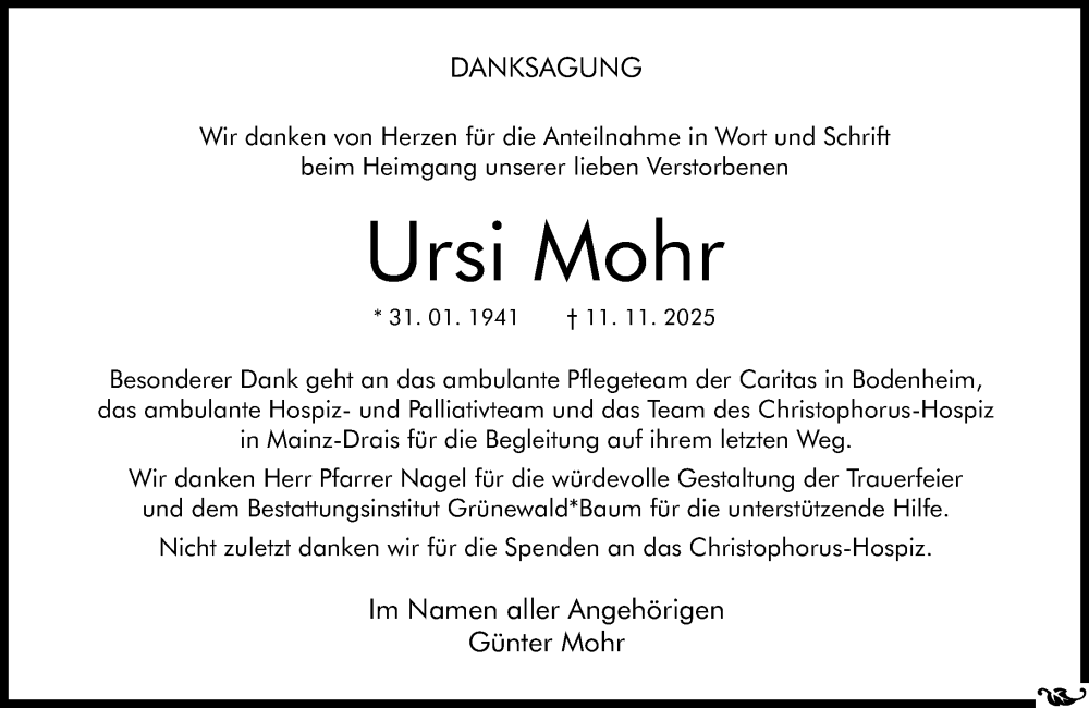  Traueranzeige für Ursi Mohr vom 06.12.2025 aus Allgemeine Zeitung Mainz