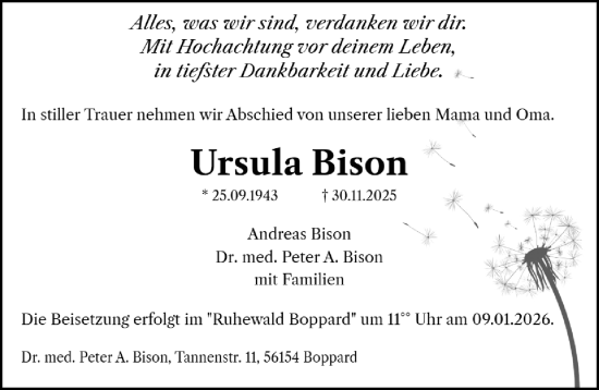 Traueranzeige von Ursula Bison von Wormser Zeitung
