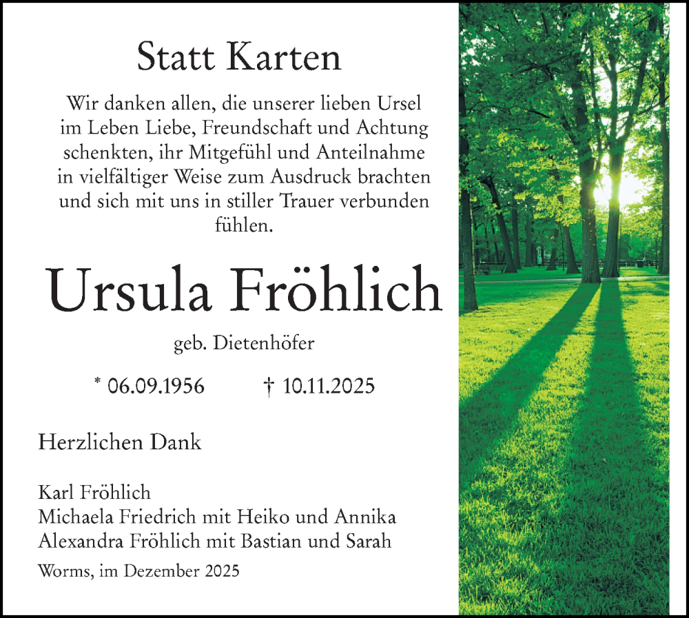  Traueranzeige für Ursula Fröhlich vom 20.12.2025 aus Wormser Zeitung
