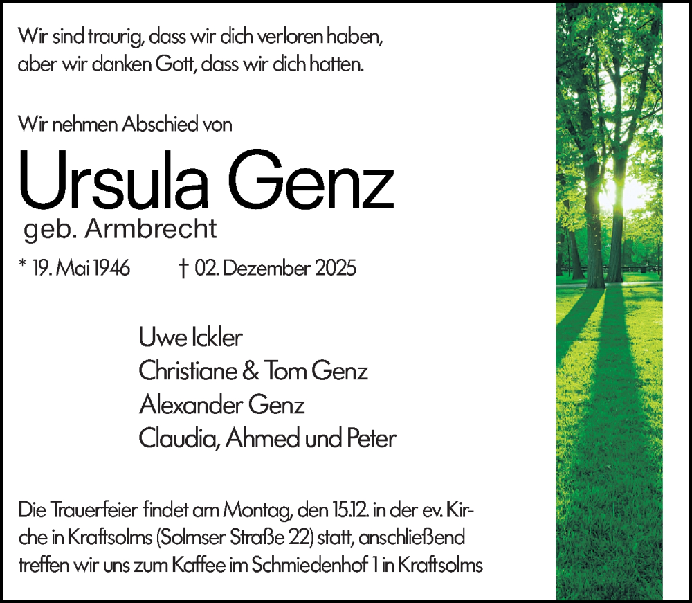  Traueranzeige für Ursula Genz vom 11.12.2025 aus Wetzlarer Neue Zeitung