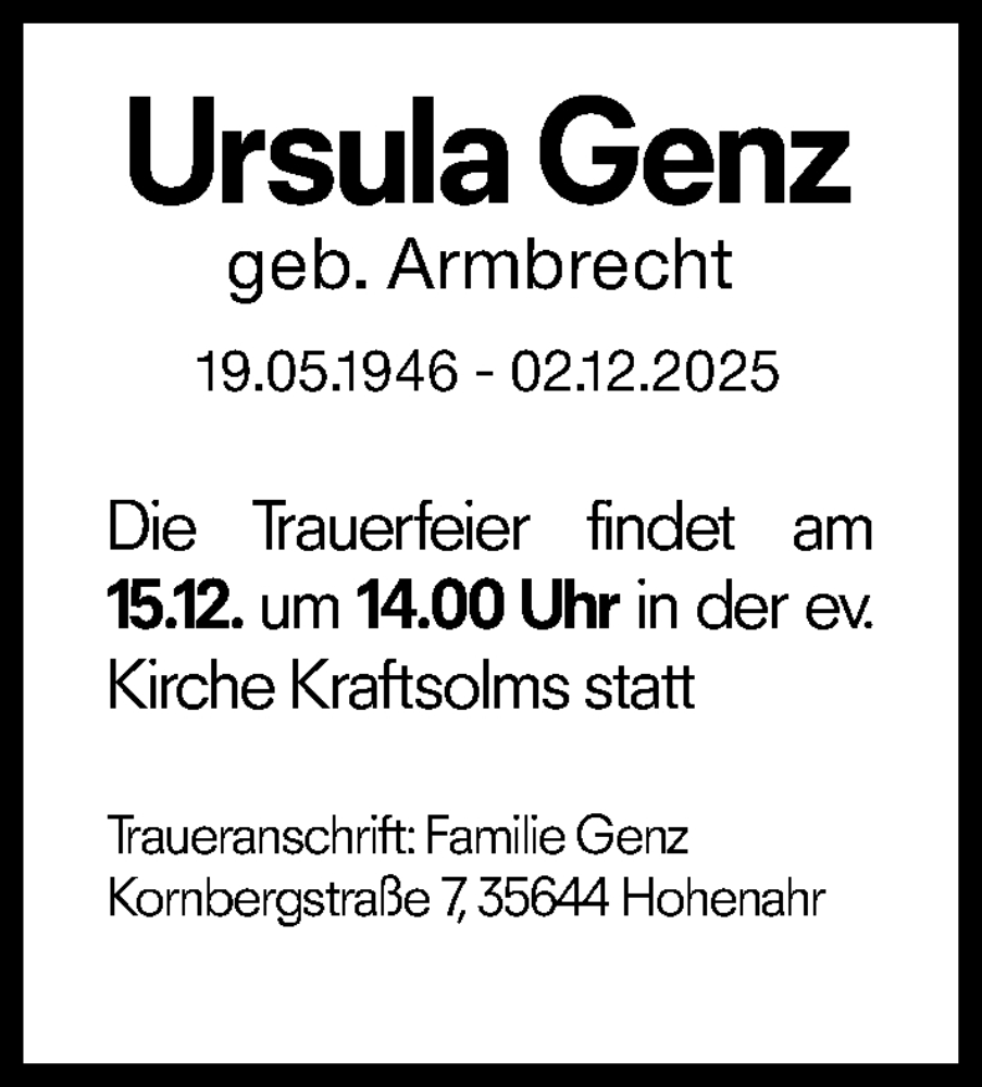  Traueranzeige für Ursula Genz vom 12.12.2025 aus Wetzlarer Neue Zeitung