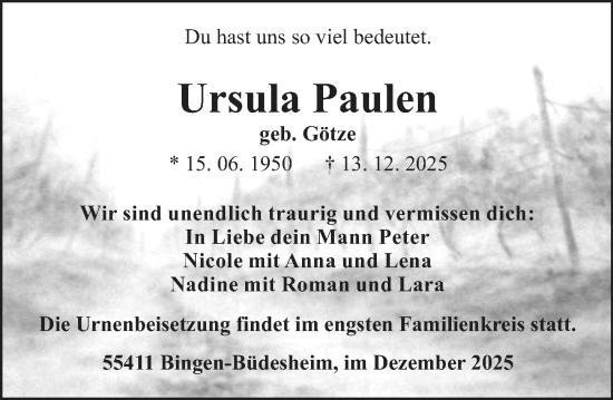 Traueranzeige von Ursula Paulen von Binger-/Ingelheimer Wochenblatt